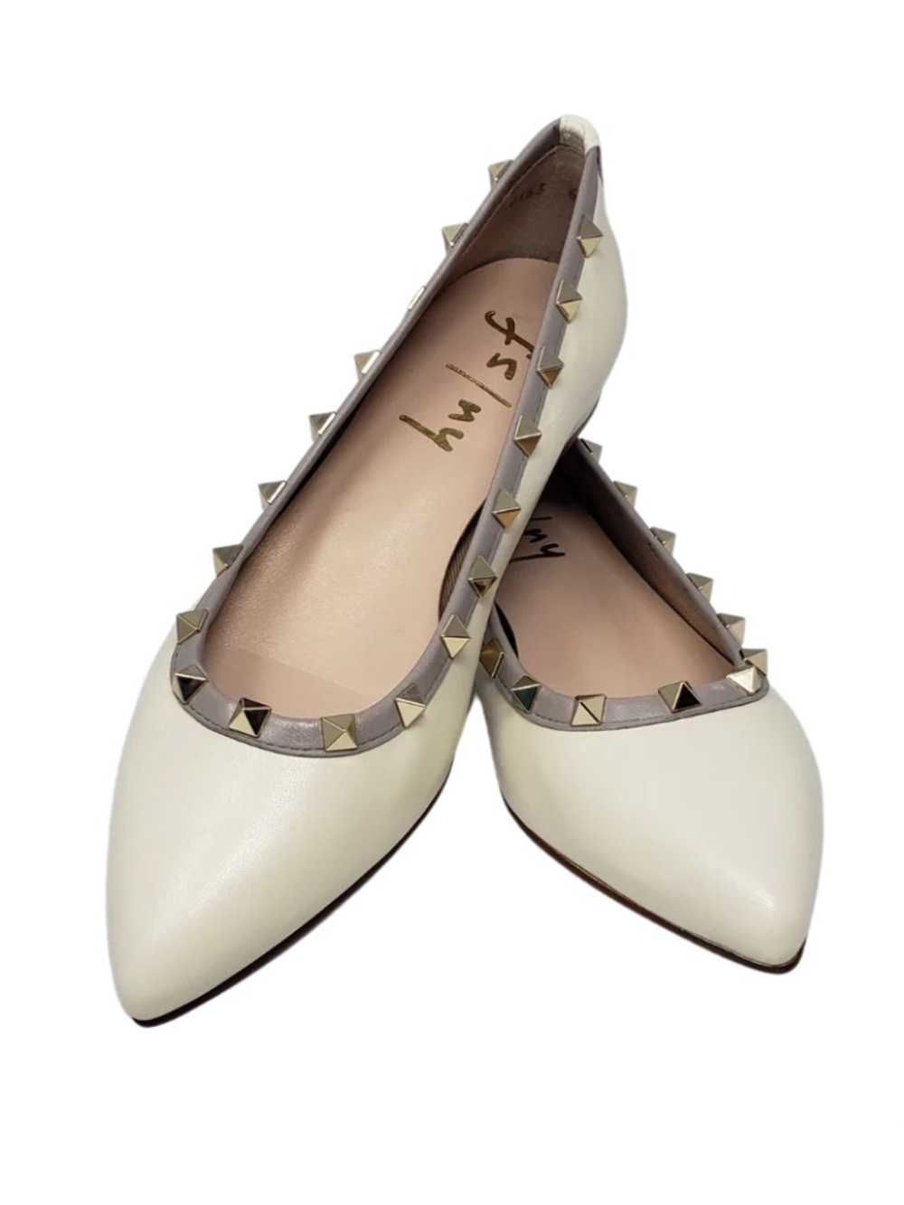 FSNY Liron Off-White Leather Studded Pointed Toe Flats